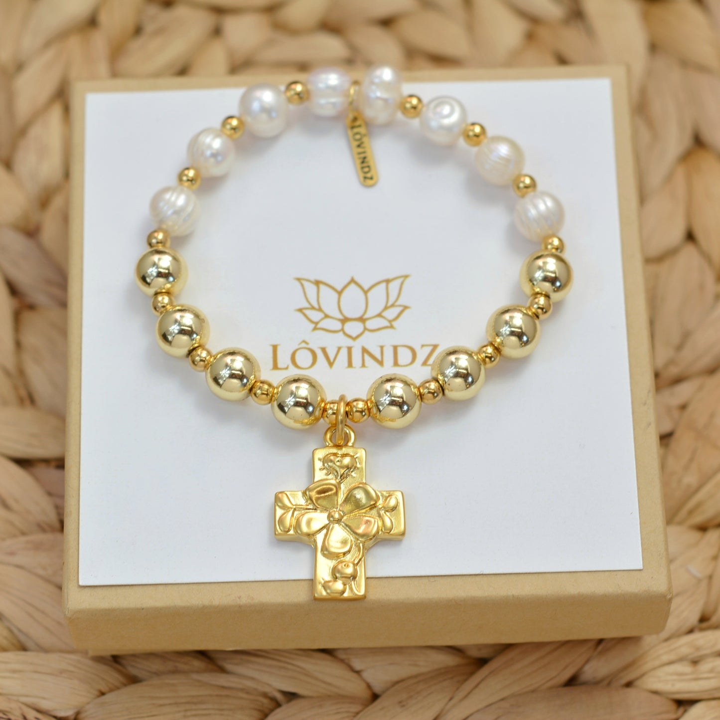 Pulsera cruz piedra y perla